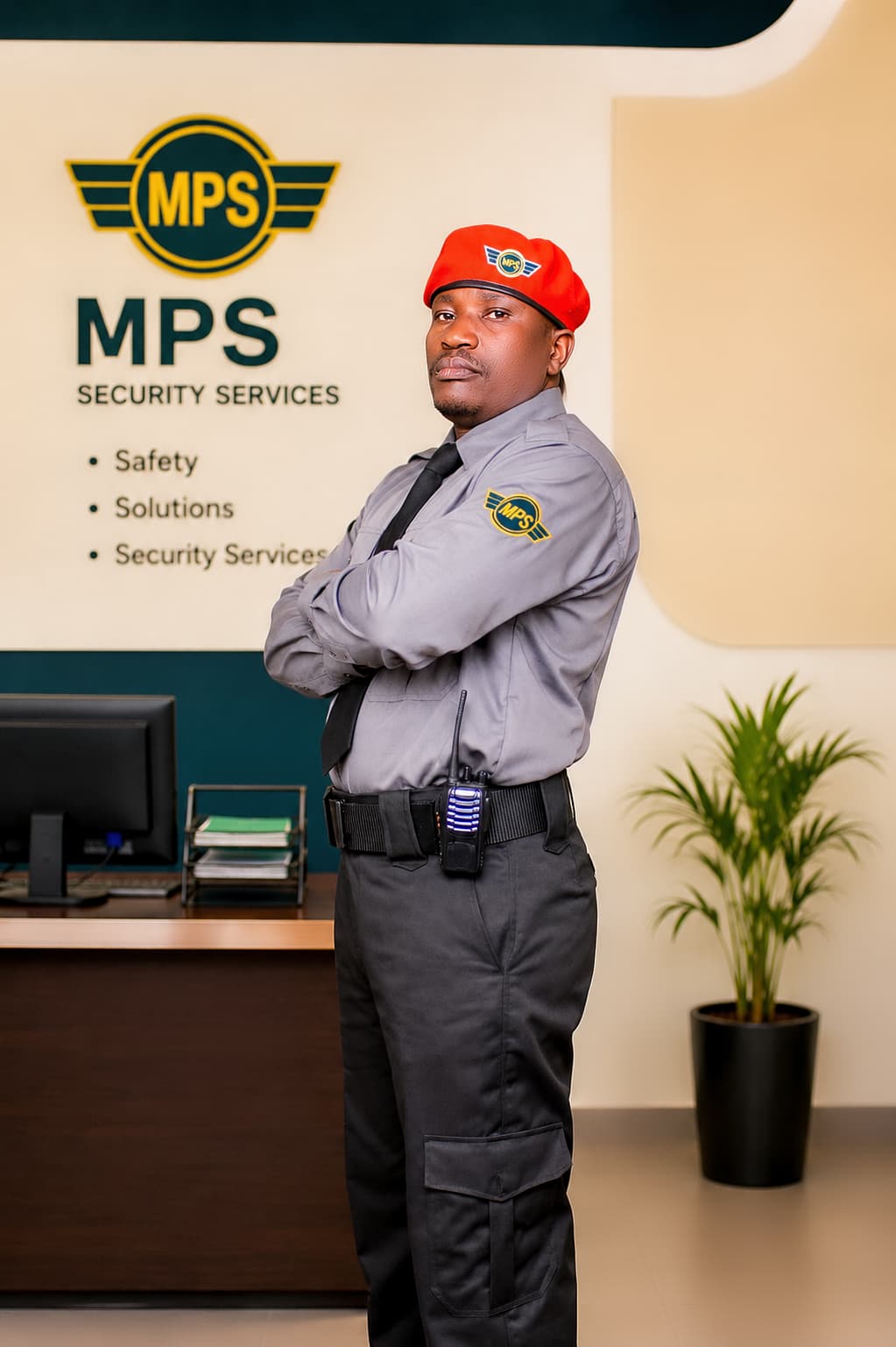 Metropolitan security officer standing beside the MPS logo